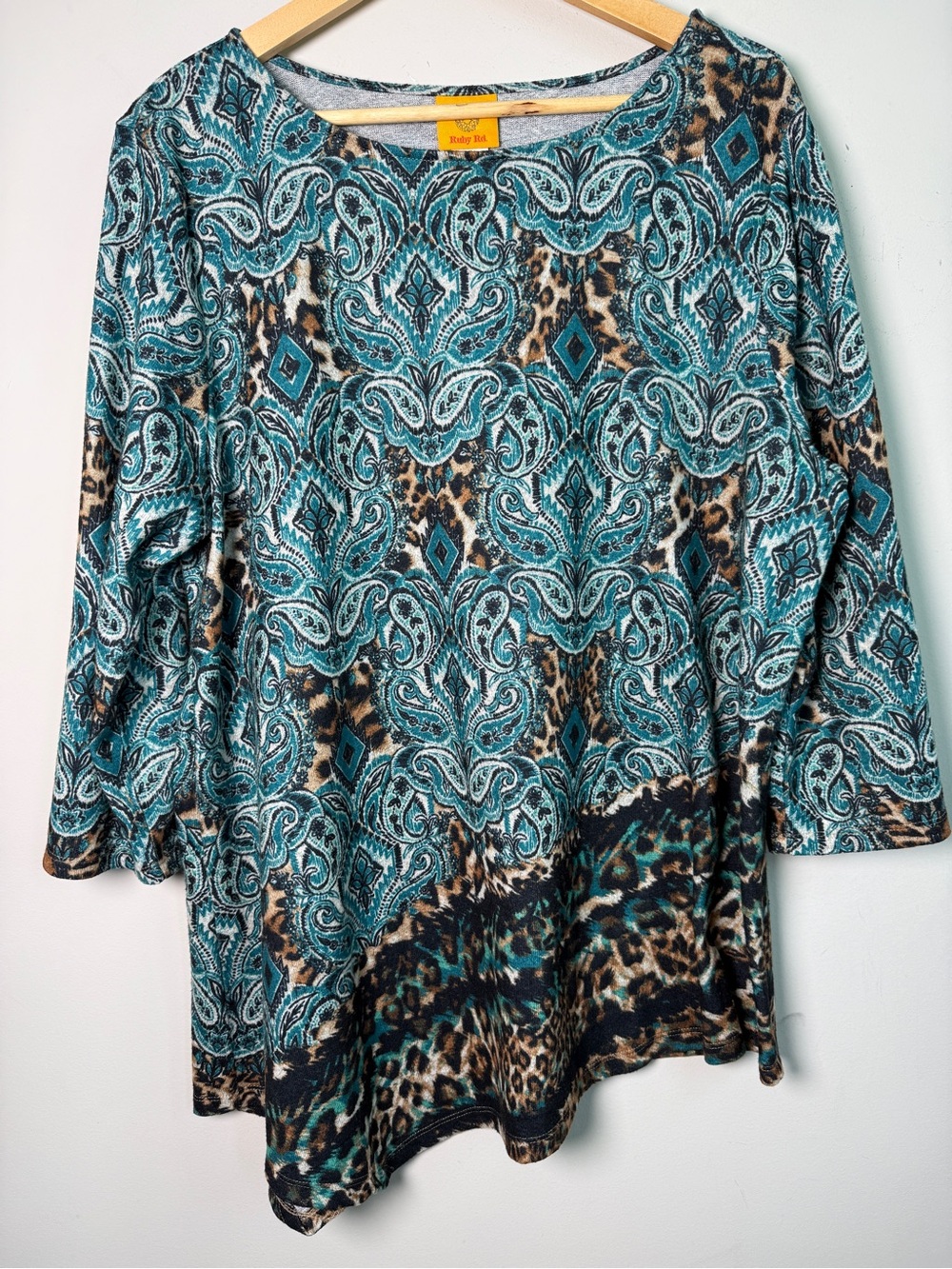 Ruby Rd Paisley Leopard Print Top Teal Sz XL